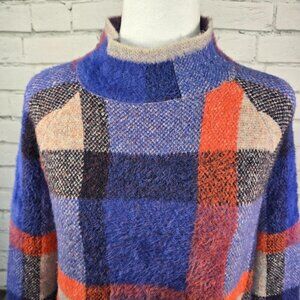 ANN TAYLOR COLOR BLOCK PLAID MOCK TURTLENECK FUZZY SWEATER WOMENS SIZE MED